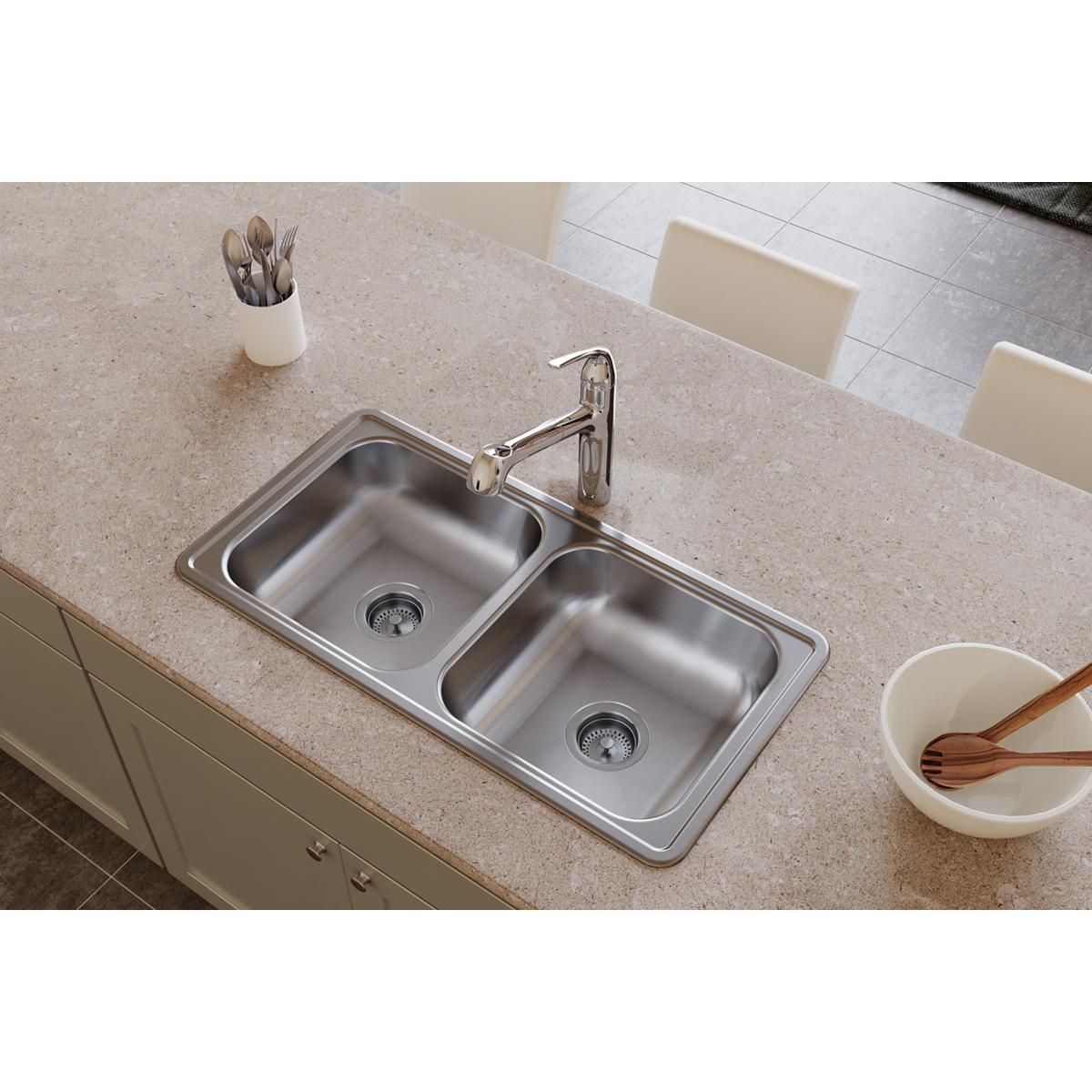 Elkay Dayton 33" Stainless Steel Kitchen Sink, 50/50 Double Bowl, Satin, D23317 - The Sink Boutique
