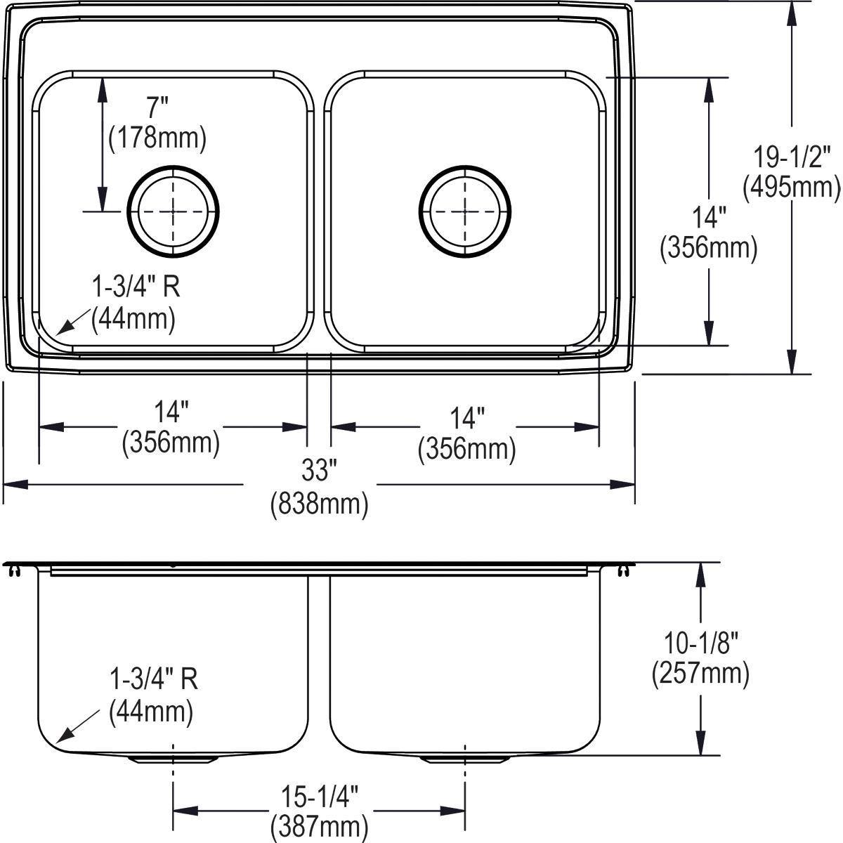 Elkay Lustertone 33" Stainless Steel Kitchen Sink, 50/50 Double Bowl, Lustrous Satin, DLR3319101 - The Sink Boutique