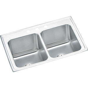 Alternate Image for Elkay Lustertone 33" Stainless Steel Kitchen Sink, 50/50 Double Bowl, 18 Gauge, Lustrous Satin, 3 Faucet Hole, DLR332210PD3