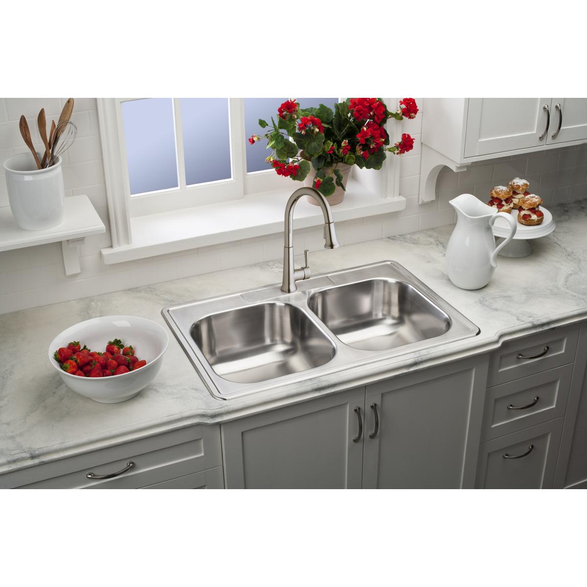 Elkay Dayton 33" Stainless Steel Kitchen Sink, 50/50 Double Bowl, Elite Satin, DSEW4023322MR2