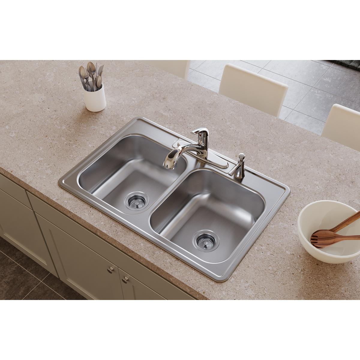 Elkay Dayton 33" Stainless Steel Kitchen Sink, 50/50 Double Bowl, Satin, DXR33224 - The Sink Boutique