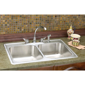 Alternate Image for Elkay Dayton 33" Stainless Steel Kitchen Sink, 50/50 Double Bowl, 18 Gauge, Satin, 5 Faucet Hole, DXR33225