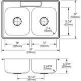 Elkay Dayton 33" Stainless Steel Kitchen Sink, 50/50 Double Bowl, Satin, DXR33222 - The Sink Boutique