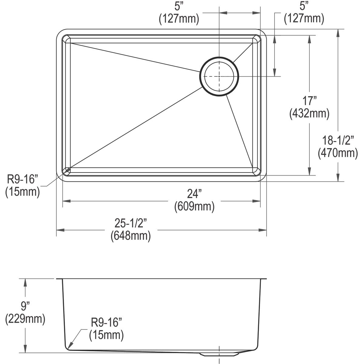 Elkay Crosstown 26" Stainless Steel Kitchen Sink, 18 Gauge, Polished Satin, ECTRU24179RTC