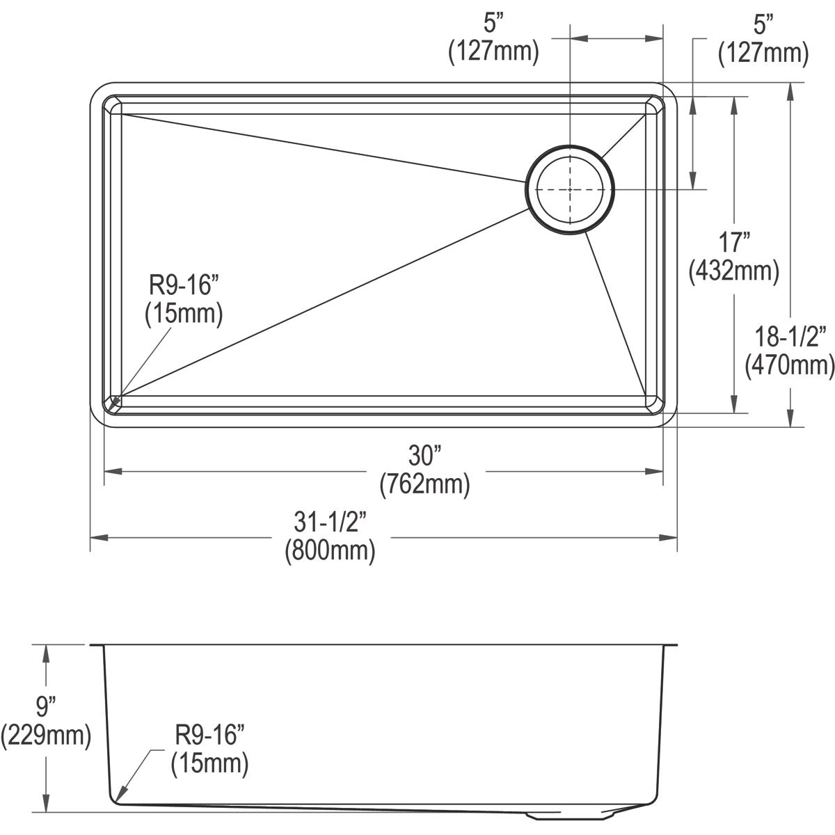 Elkay Crosstown 32" Stainless Steel Kitchen Sink, 18 Gauge, Polished Satin, ECTRU30179RTC