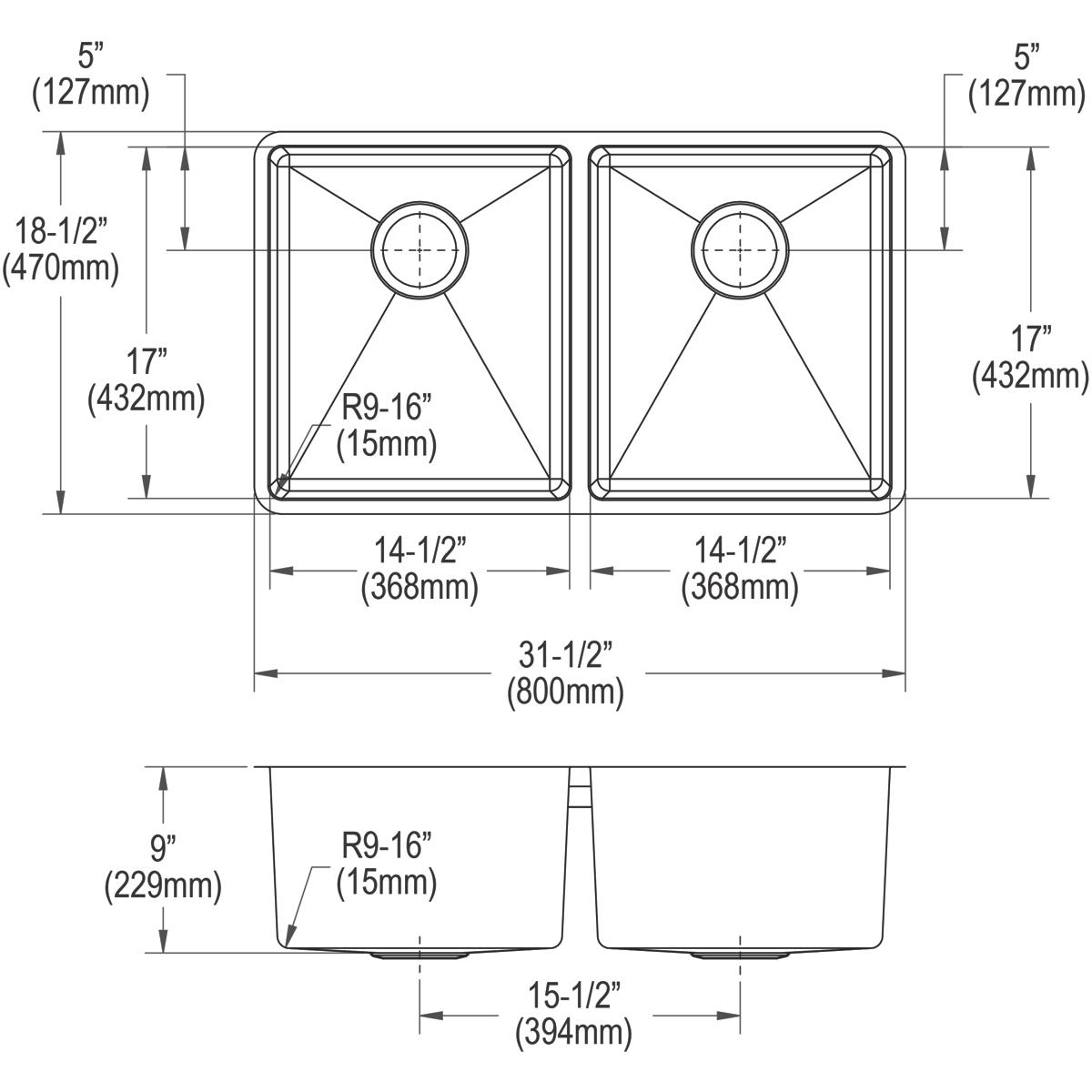 Elkay Crosstown 32" Stainless Steel Kitchen Sink, 50/50 Double Bowl, 18 Gauge, Polished Satin, ECTRU31179T