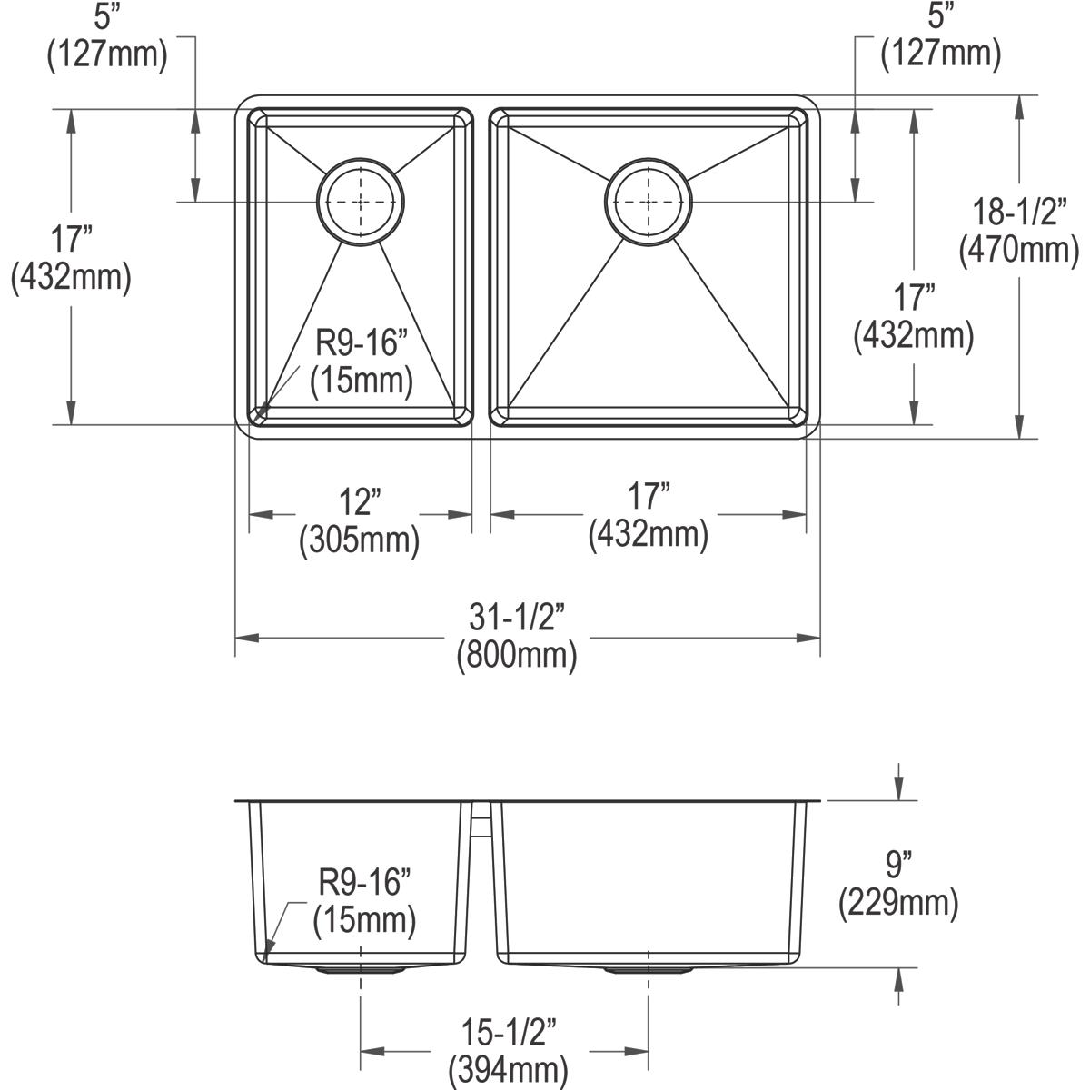 Elkay Crosstown 32" Stainless Steel Kitchen Sink, 40/60 Double Bowl, 18 Gauge, Polished Satin, ECTRU32179LTC