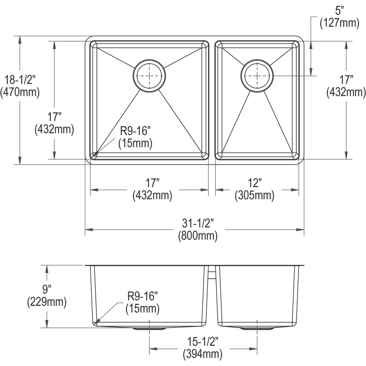 Elkay Crosstown 32" Stainless Steel Kitchen Sink, 60/40 Double Bowl, 18 Gauge, Polished Satin, ECTRU32179RTC