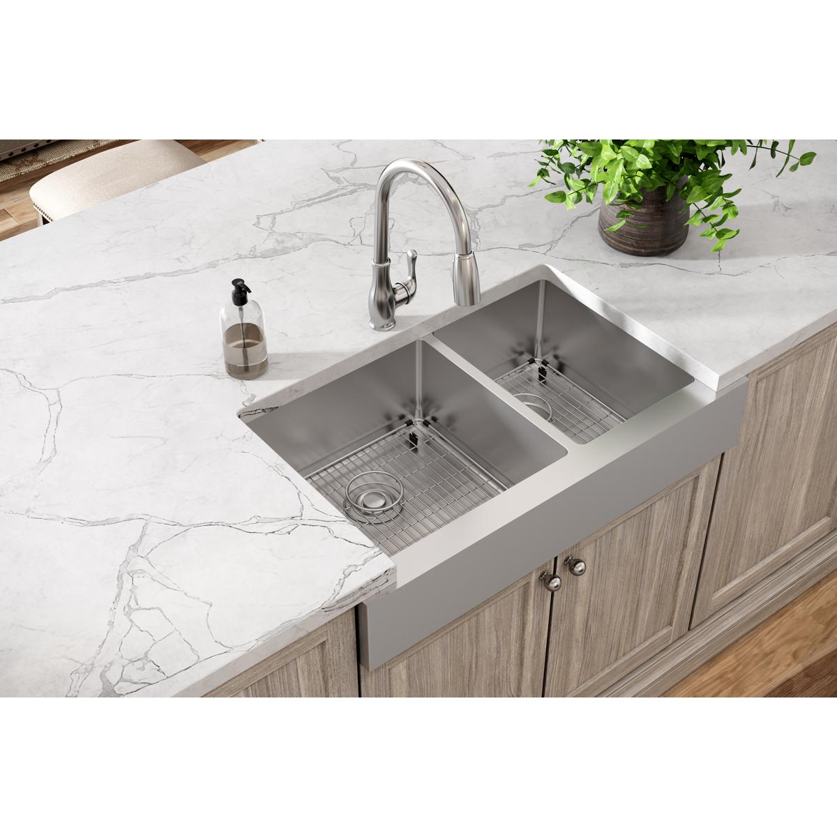 Elkay Crosstown 36" Stainless Steel Farmhouse Kitchen Sink, 60/40 Double Bowl, 18 Gauge, Polished Satin, ECTRUF32179RC