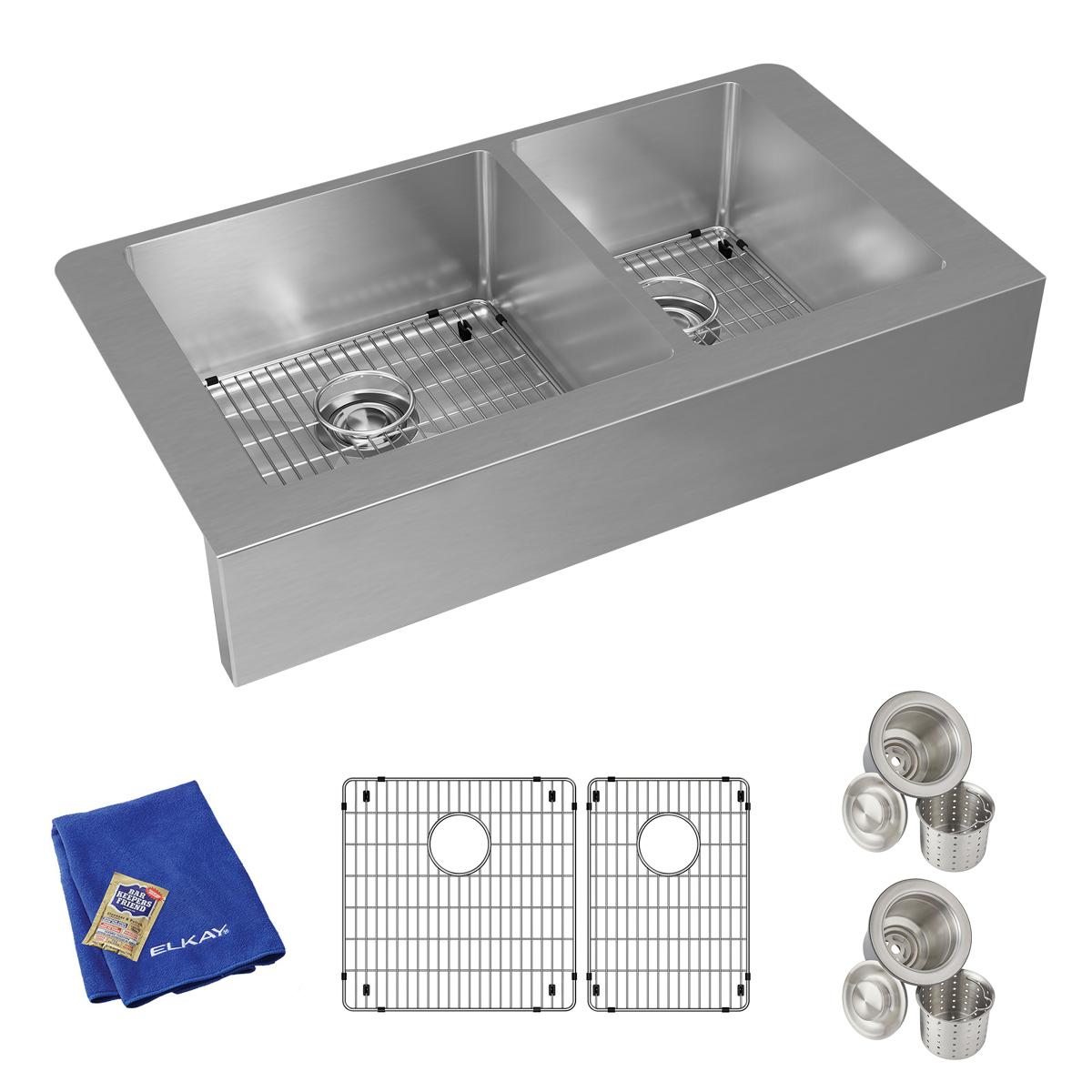 Elkay Crosstown 36" Stainless Steel Farmhouse Kitchen Sink, 60/40 Double Bowl, 18 Gauge, Polished Satin, ECTRUF32179RC