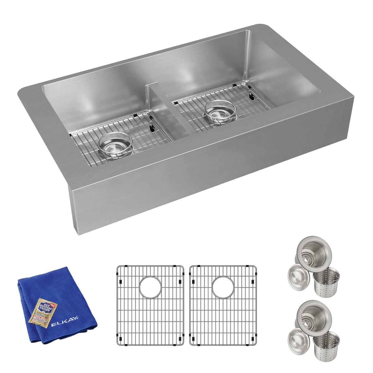 Elkay Crosstown 36" Stainless Steel Farmhouse Kitchen Sink, 50/50 Double Bowl, Polished Satin, ECTRUFA32179C - The Sink Boutique