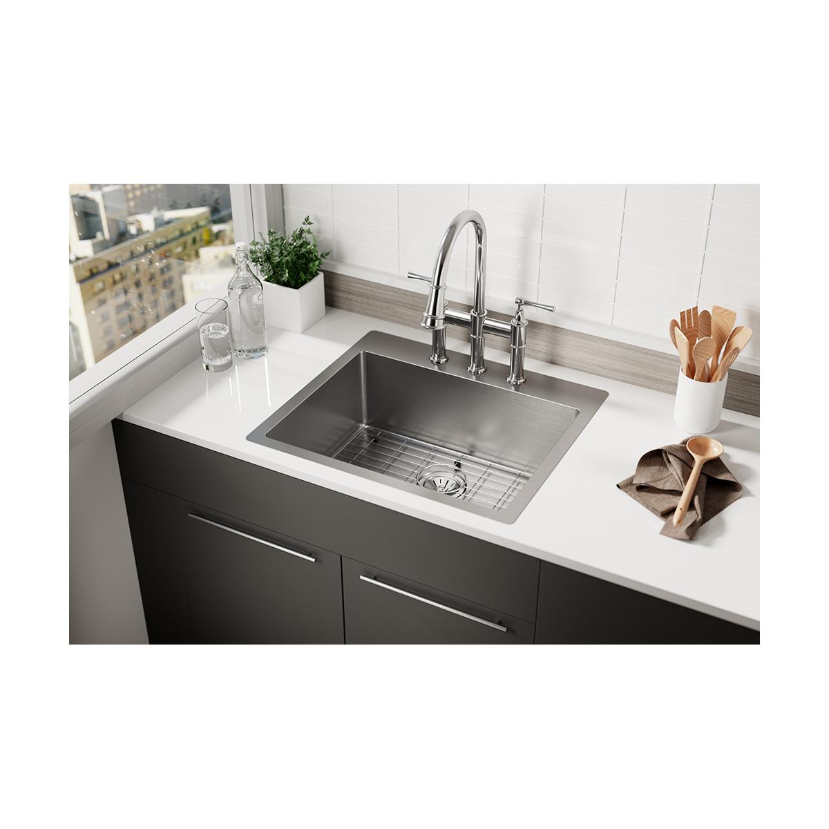 Elkay Crosstown 25" Stainless Steel Kitchen Sink Kit, Polished Satin, 2 Faucet Hole, ECTSR25229TBG2