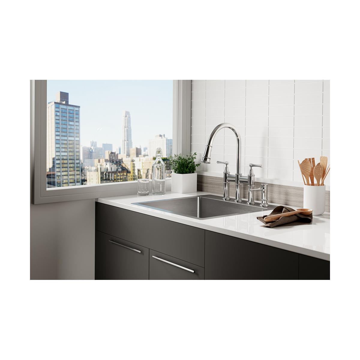 Elkay Crosstown 25" Stainless Steel Kitchen Sink Kit, Polished Satin, 5 Faucet Hole, ECTSR25229TBG5