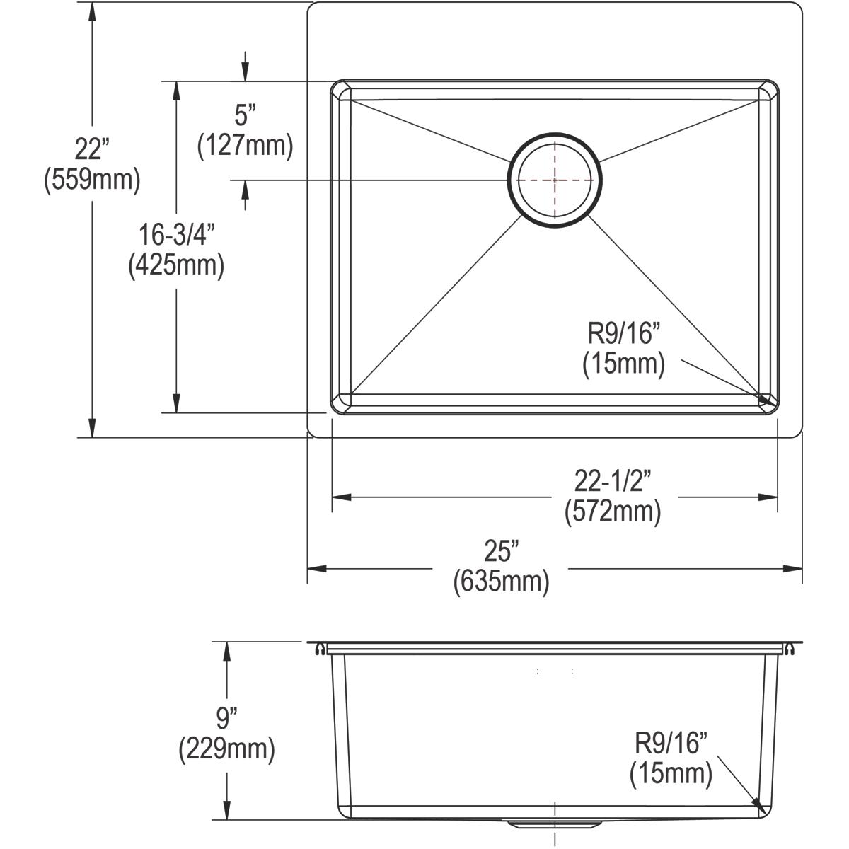 Elkay Crosstown 25" Stainless Steel Kitchen Sink Kit, Polished Satin, 3 Faucet Hole, ECTSR25229TBG3