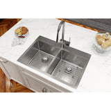 Elkay Crosstown 33" Stainless Steel Kitchen Sink, 50/50 Double Bowl, Sink Kit, Polished Satin, ECTSR33229TBG1 - The Sink Boutique