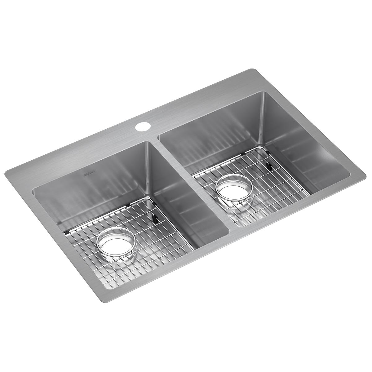 Elkay Crosstown 33" Stainless Steel Kitchen Sink, 50/50 Double Bowl, Sink Kit, Polished Satin, ECTSR33229TBG1 - The Sink Boutique
