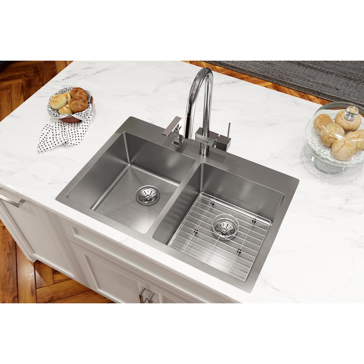 Elkay Crosstown 33" Stainless Steel Kitchen Sink, 50/50 Double Bowl, 18 Gauge, Sink Kit, Polished Satin, 2 Faucet Hole, ECTSR33229TBG2