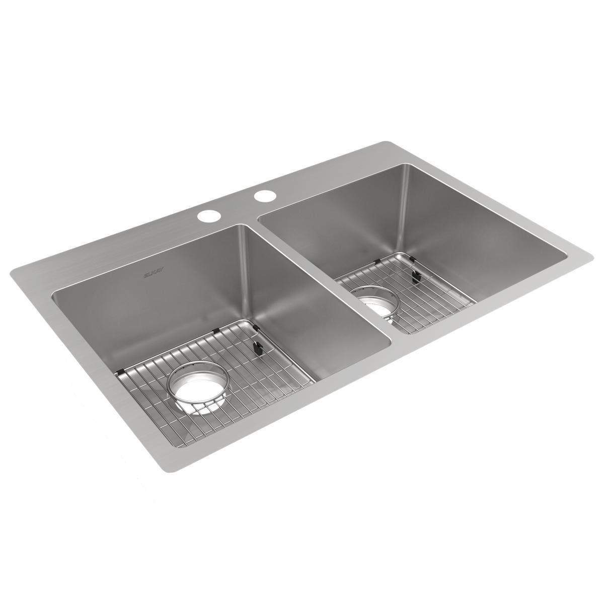 Elkay Crosstown 33" Stainless Steel Kitchen Sink, 50/50 Double Bowl, 18 Gauge, Sink Kit, Polished Satin, 2 Faucet Hole, ECTSR33229TBG2