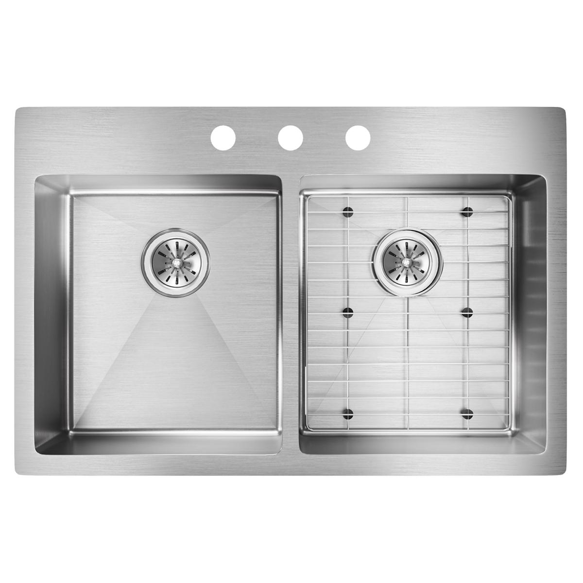 Elkay Crosstown 33" Stainless Steel Kitchen Sink, 50/50 Double Bowl, Sink Kit, Polished Satin, ECTSR33229TBG3