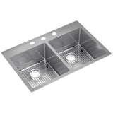 Elkay Crosstown 33" Stainless Steel Kitchen Sink, 50/50 Double Bowl, Sink Kit, Polished Satin, ECTSR33229TBG3 - The Sink Boutique