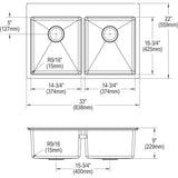 Elkay Crosstown 33" Stainless Steel Kitchen Sink, 50/50 Double Bowl, Sink Kit, Polished Satin, ECTSR33229TBG4 - The Sink Boutique