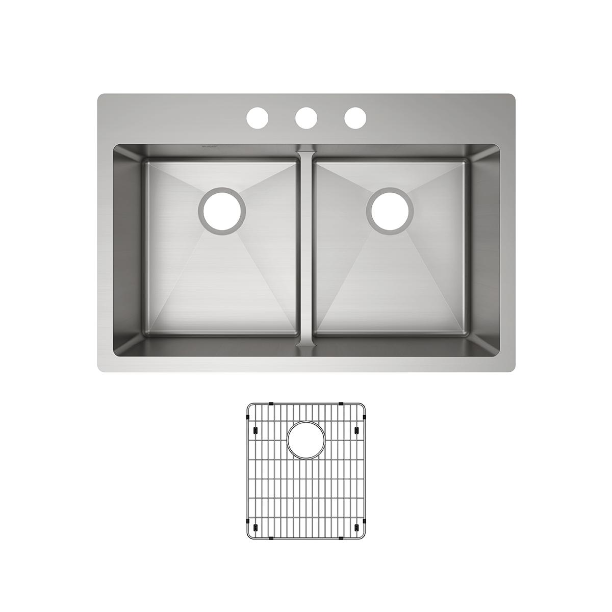 Elkay Crosstown 33" Stainless Steel Kitchen Sink, 50/50 Double Bowl, 18 Gauge, Sink Kit, Polished Satin, 3 Faucet Hole, ECTSRA33229TBG3