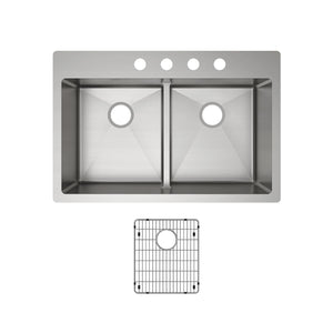 Alternate Image for Elkay Crosstown 33" Stainless Steel Kitchen Sink, 50/50 Double Bowl, 18 Gauge, Sink Kit, Polished Satin, 4 Faucet Hole, ECTSRA33229TBG4