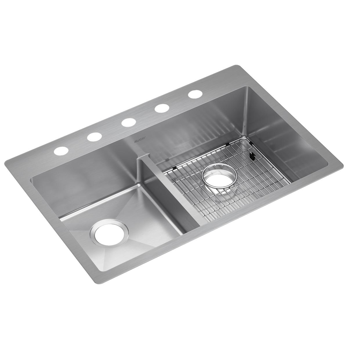 Elkay Crosstown 33" Stainless Steel Kitchen Sink, 50/50 Double Bowl, 18 Gauge, Sink Kit, Polished Satin, 5 Faucet Hole, ECTSRA33229TBG5