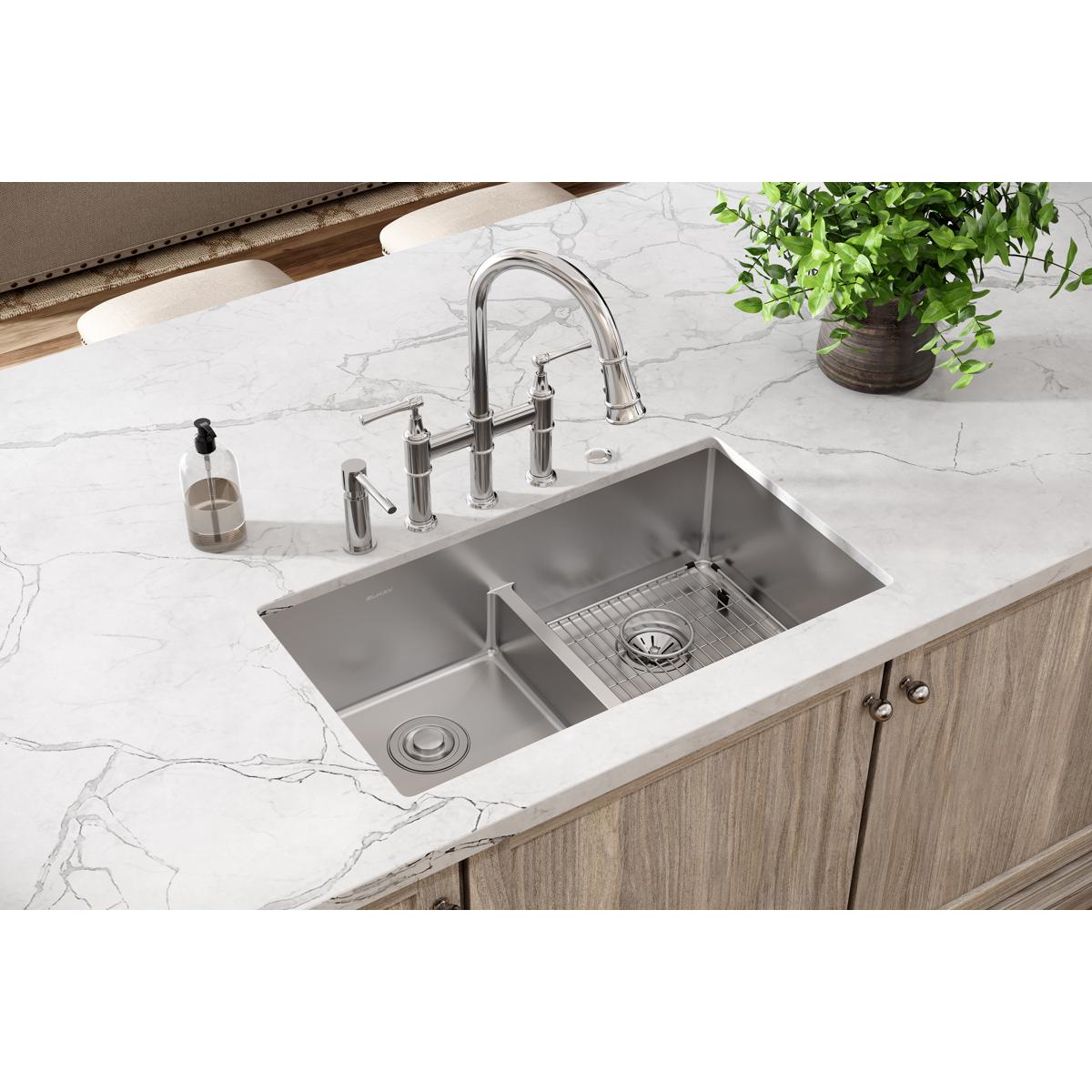 Elkay Crosstown 33" Stainless Steel Kitchen Sink, 50/50 Double Bowl, 18 Gauge, Sink Kit, Polished Satin, 5 Faucet Hole, ECTSRA33229TBG5