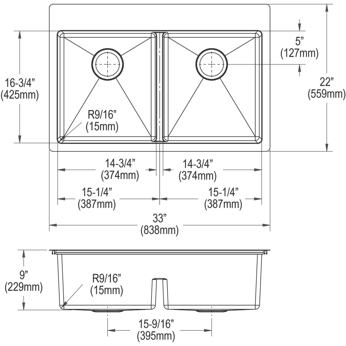 Elkay Crosstown 33" Stainless Steel Kitchen Sink, 50/50 Double Bowl, 18 Gauge, Sink Kit, Polished Satin, 5 Faucet Hole, ECTSRA33229TBG5
