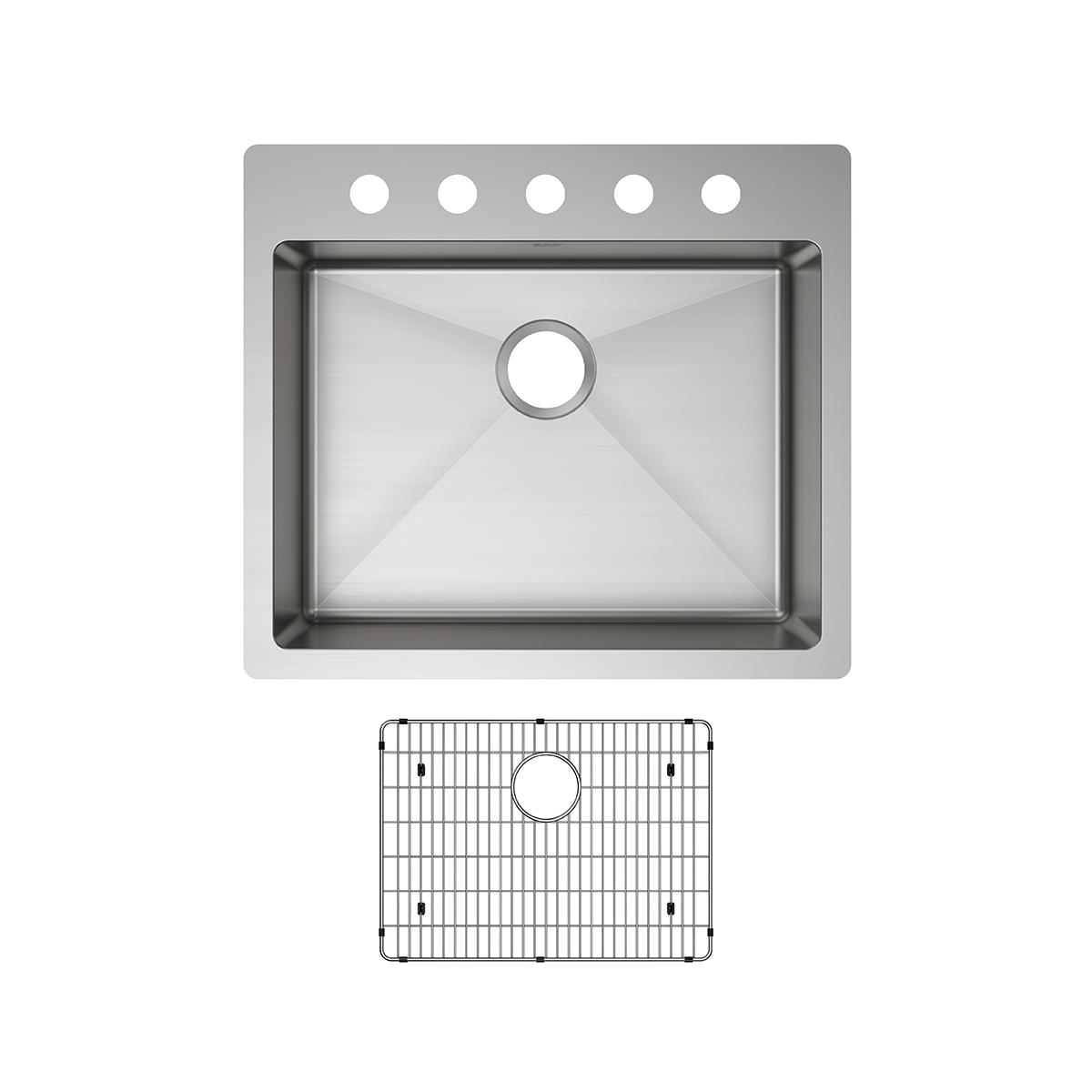 Elkay Crosstown 25" Stainless Steel Kitchen Sink Kit, Polished Satin, 5 Faucet Hole, ECTSRAD25226TBG5