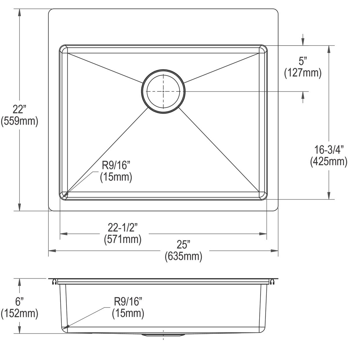 Elkay Crosstown 25" Stainless Steel Kitchen Sink Kit, Polished Satin, 2 Faucet Hole, ECTSRAD25226TBG2