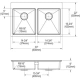 Elkay Crosstown 33" Stainless Steel Kitchen Sink, 50/50 Double Bowl, 18 Gauge, Sink Kit, Polished Satin, ECTSRAD33226TBG3