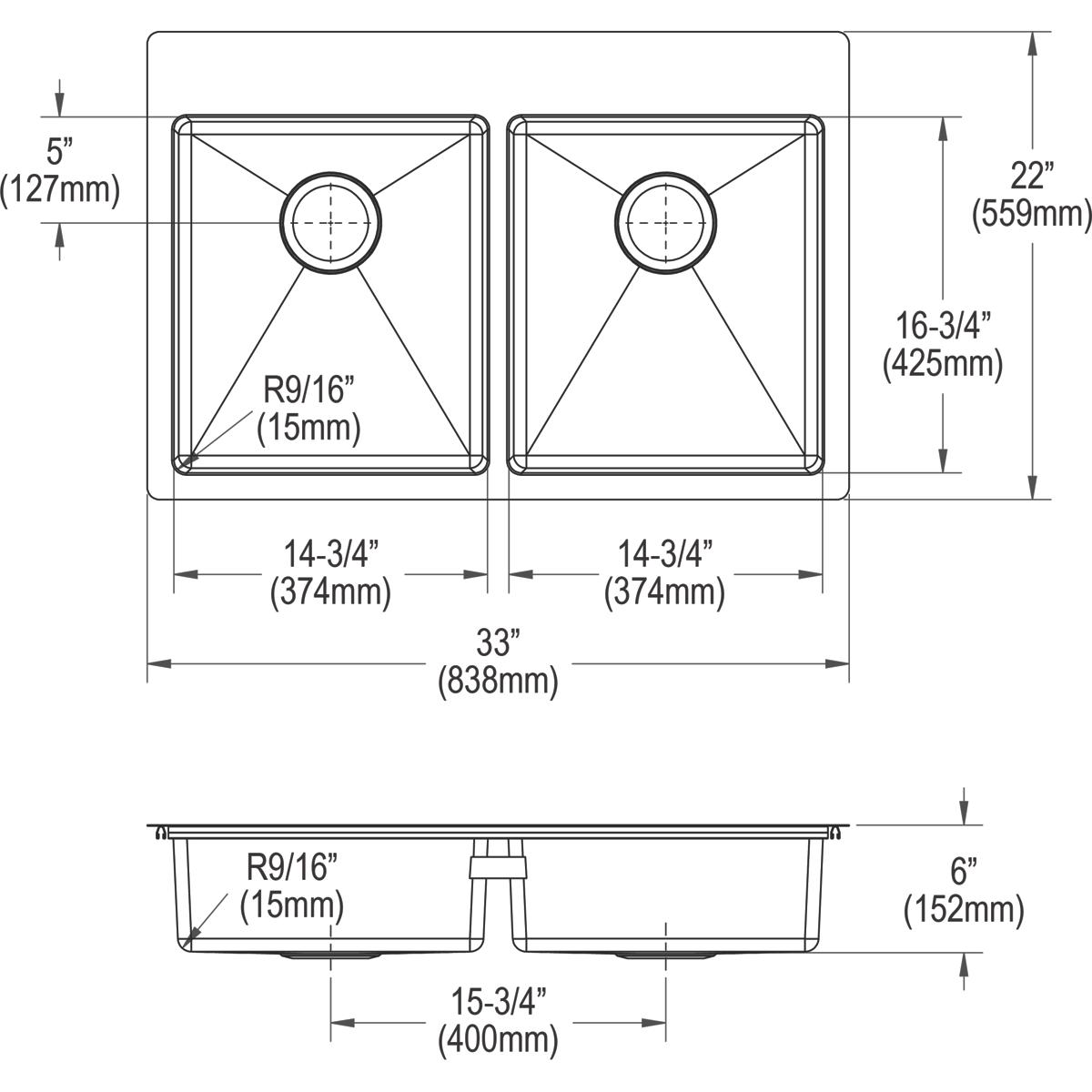 Elkay Crosstown 33" Stainless Steel Kitchen Sink, 50/50 Double Bowl, 18 Gauge, Sink Kit, Polished Satin, 2 Faucet Hole, ECTSRAD33226TBG2