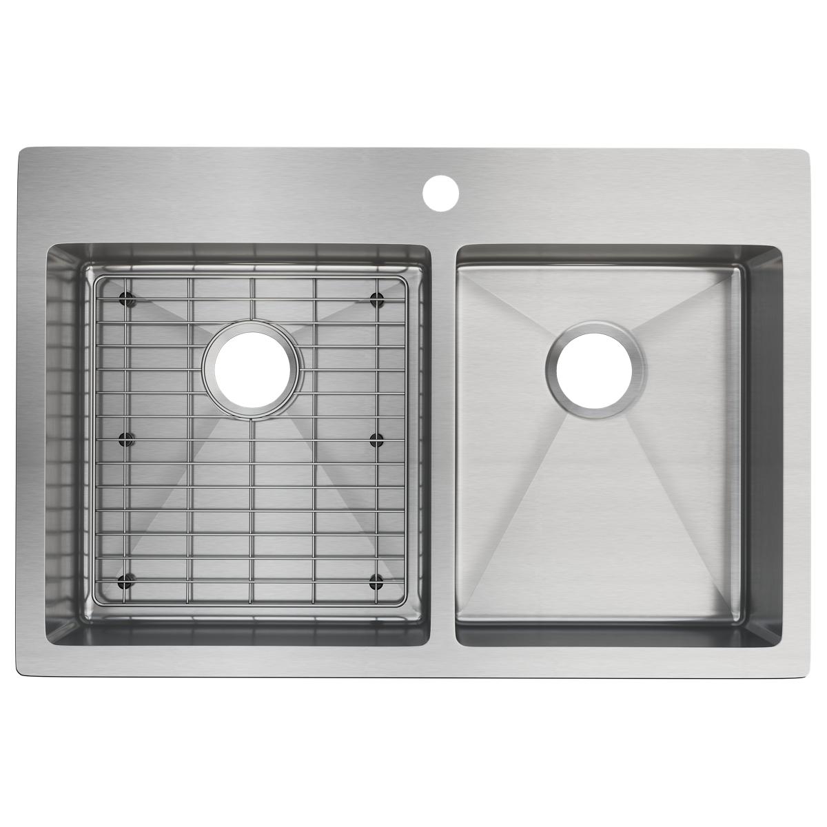 Elkay Crosstown 33" Stainless Steel Kitchen Sink, 55/45 Double Bowl, Sink Kit, Polished Satin, ECTSRO33229RTBG1