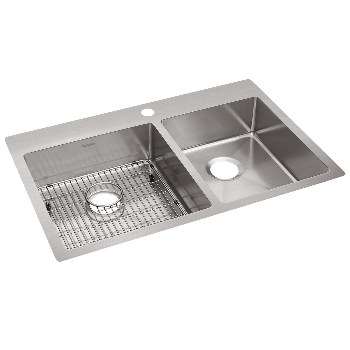Elkay Crosstown 33" Stainless Steel Kitchen Sink, 55/45 Double Bowl, Sink Kit, Polished Satin, ECTSRO33229RTBG1 - The Sink Boutique