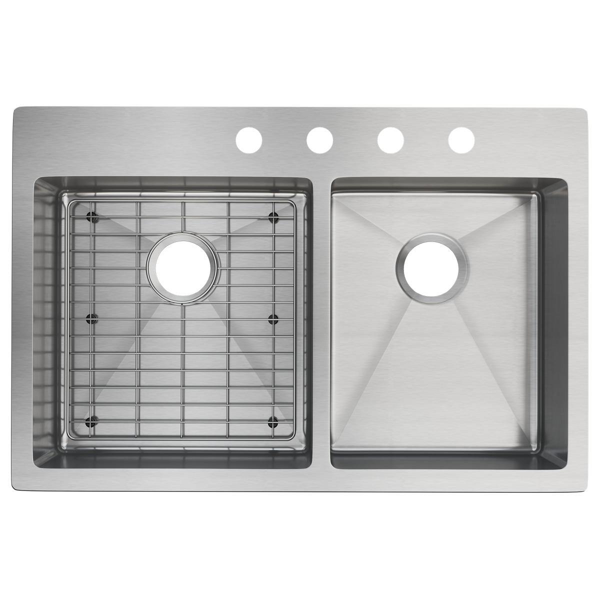 Elkay Crosstown 33" Stainless Steel Kitchen Sink, 55/45 Double Bowl, Sink Kit, Polished Satin, ECTSRO33229RTBG4