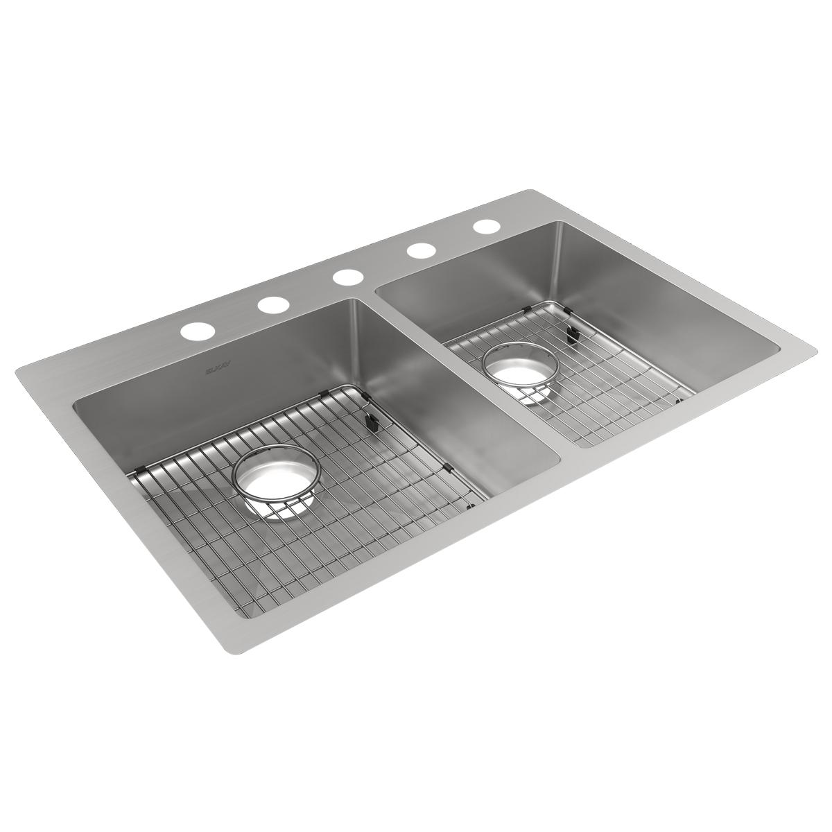 Elkay Crosstown 33" Stainless Steel Kitchen Sink, 55/45 Double Bowl, 18 Gauge, Sink Kit, Polished Satin, ECTSRO33229RTBG5