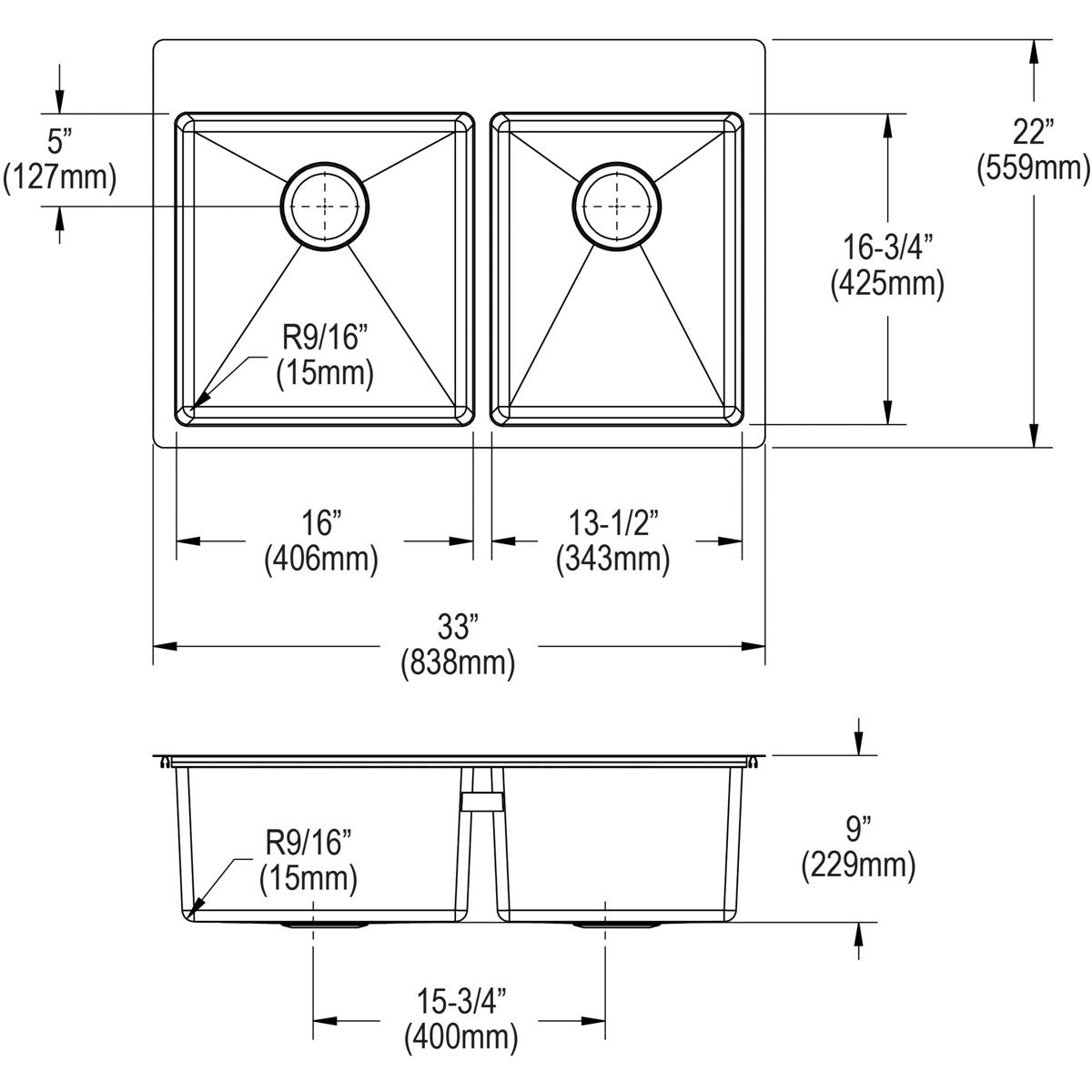 Elkay Crosstown 33" Stainless Steel Kitchen Sink, 55/45 Double Bowl, Sink Kit, Polished Satin, ECTSRO33229RTBG1 - The Sink Boutique