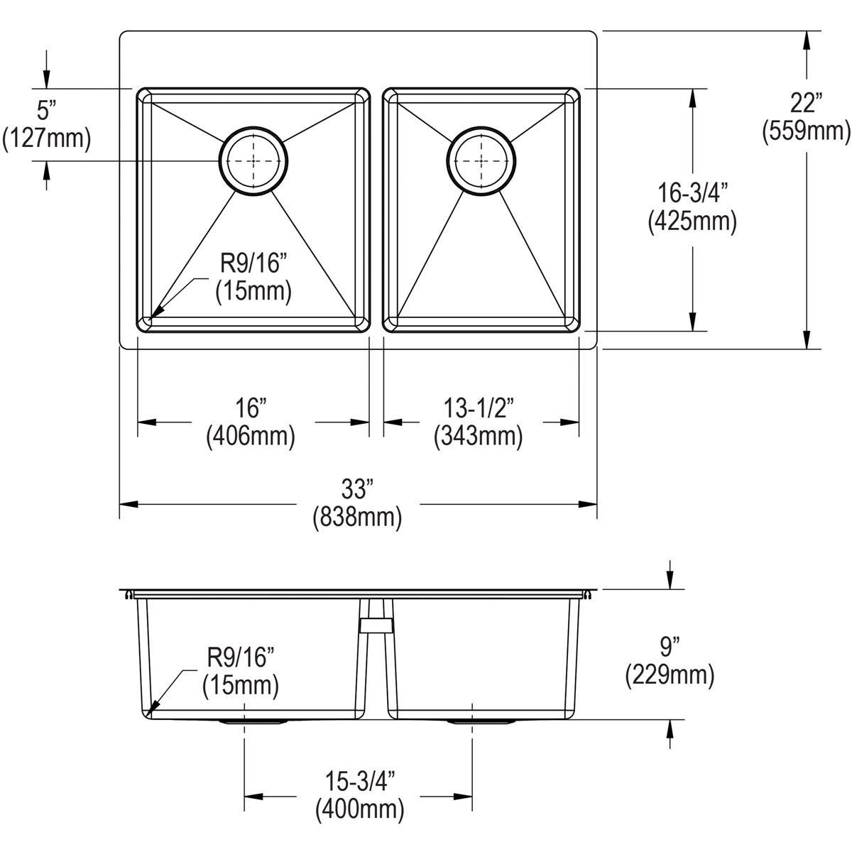 Elkay Crosstown 33" Stainless Steel Kitchen Sink, 55/45 Double Bowl, Sink Kit, Polished Satin, ECTSRO33229RTBG4 - The Sink Boutique