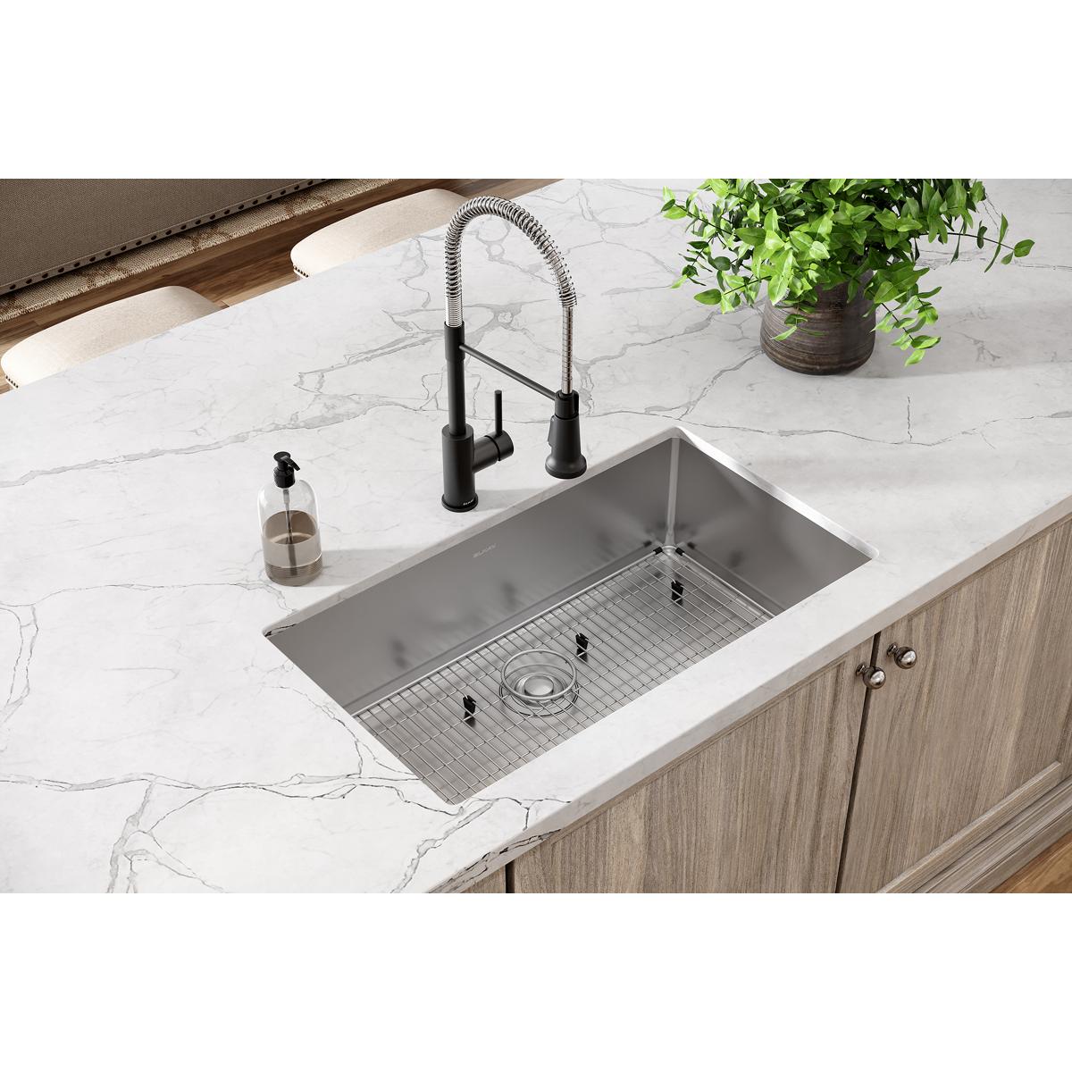 Elkay Crosstown 33" Stainless Steel Kitchen Sink Kit, Polished Satin, 1 Faucet Hole, ECTSRS33229TBG1