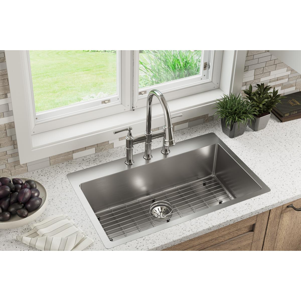 Elkay Crosstown 33" Stainless Steel Kitchen Sink Kit, Polished Satin, 5 Faucet Hole, ECTSRS33229TBG5