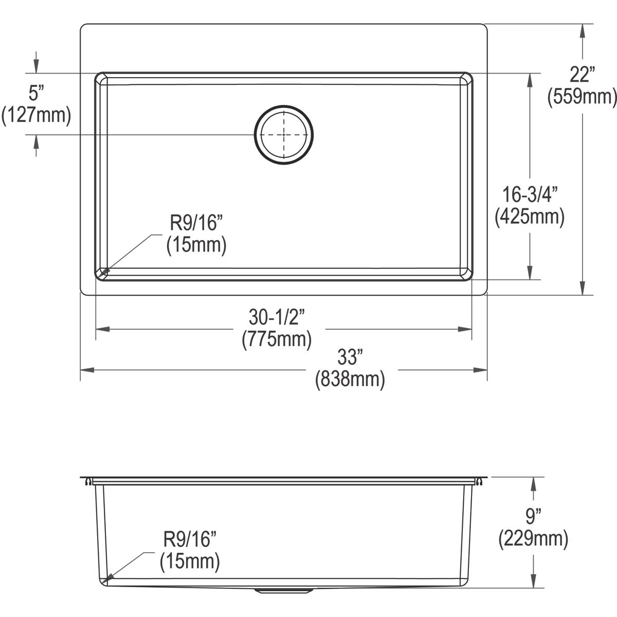 Elkay Crosstown 33" Stainless Steel Kitchen Sink Kit, Polished Satin, 1 Faucet Hole, ECTSRS33229TBG1