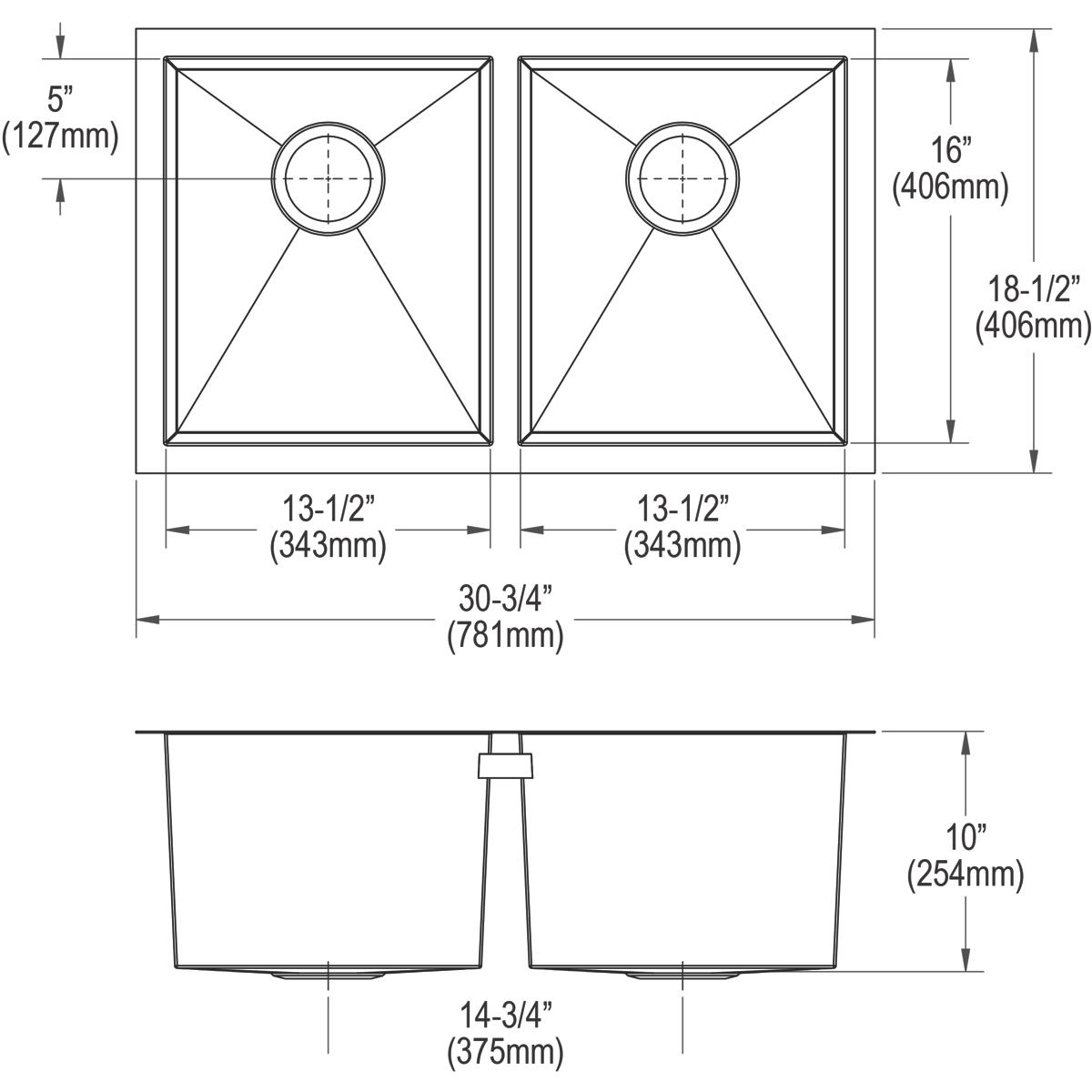 Elkay Crosstown 31" Stainless Steel Kitchen Sink, 50/50 Double Bowl, 16 Gauge, Polished Satin, EFU311810T