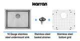 Karran 23" Undermount Stainless Steel Kitchen Sink, 16 Gauge, EL-73-PK1