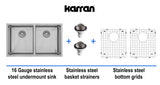 Karran 32" Undermount Stainless Steel Kitchen Sink, 50/50 Double Bowl, 16 Gauge, EL-76-PK1