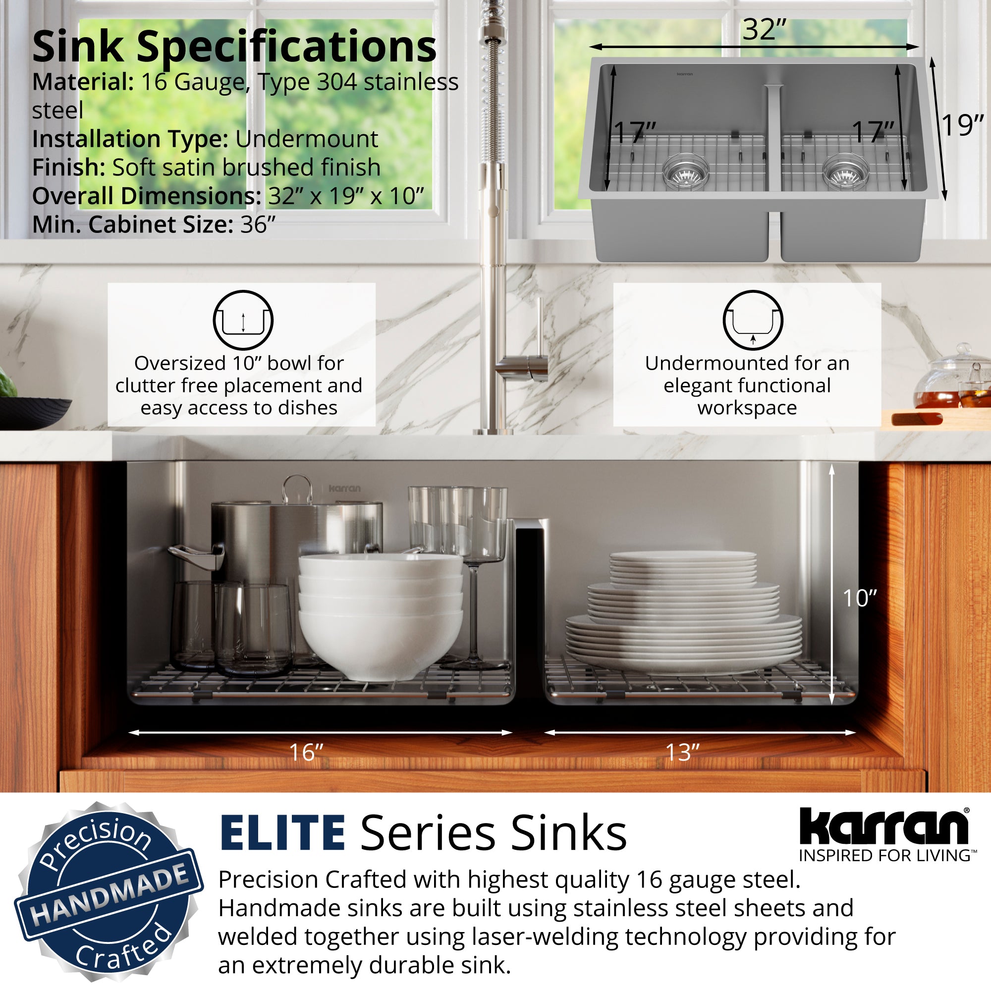 Karran 32" Undermount Stainless Steel Kitchen Sink with Accessories, 60/40 Double Bowl, 16 Gauge, EL-77-PK1