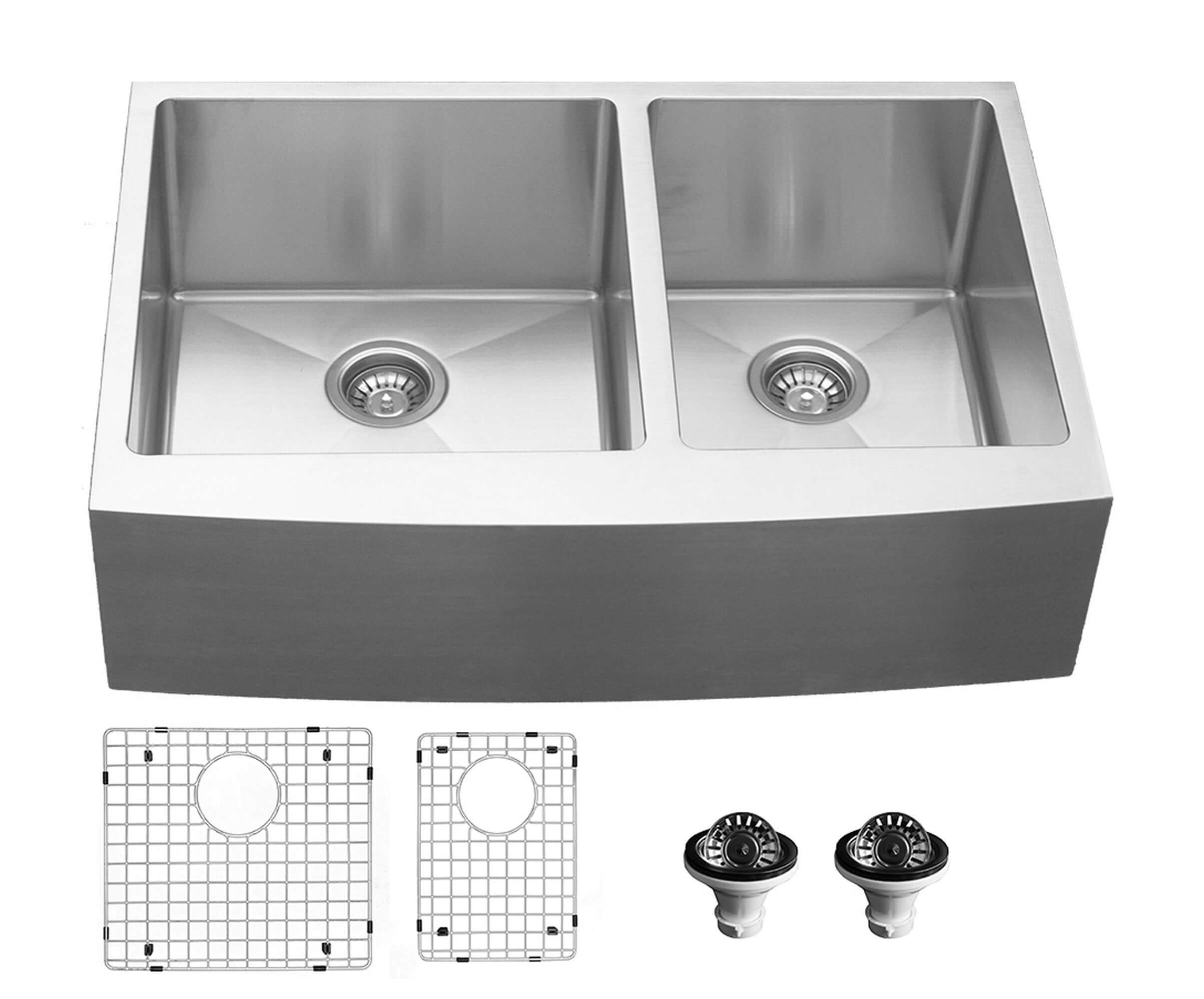 Karran 33" Stainless Steel Farmhouse Sink with Accessories, 60/40 Double Bowl, 16 Gauge, EL-86-PK1