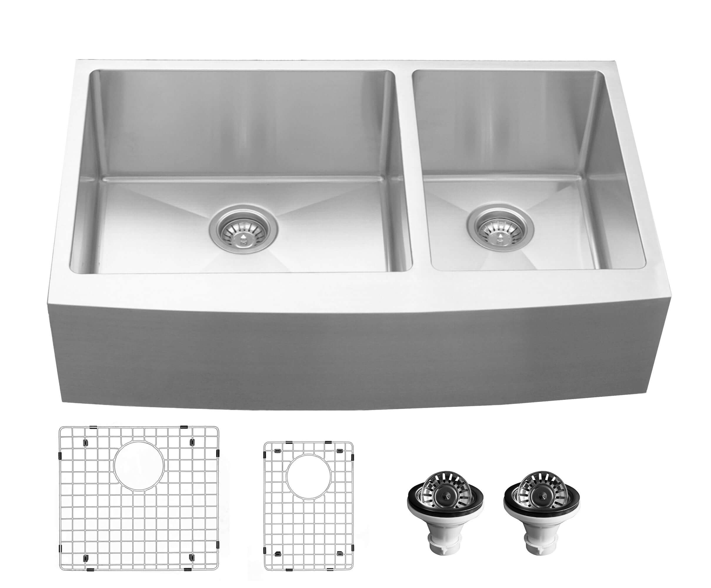 Karran 36" Stainless Steel Farmhouse Sink with Accessories, 60/40 Double Bowl, 16 Gauge, EL-87-PK1