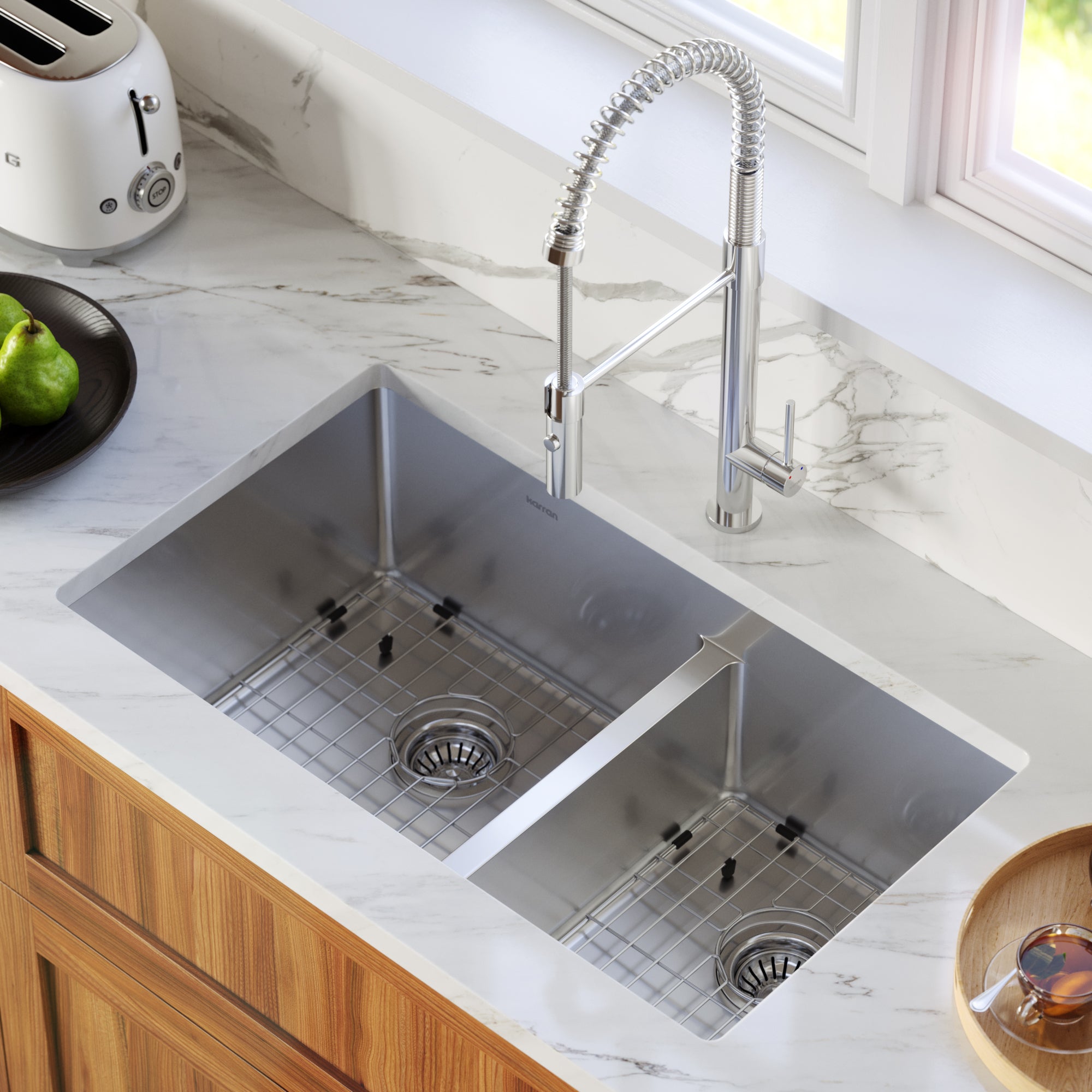 Karran 32" Undermount Stainless Steel Kitchen Sink with Accessories, 60/40 Double Bowl, 16 Gauge, EL-77-PK1